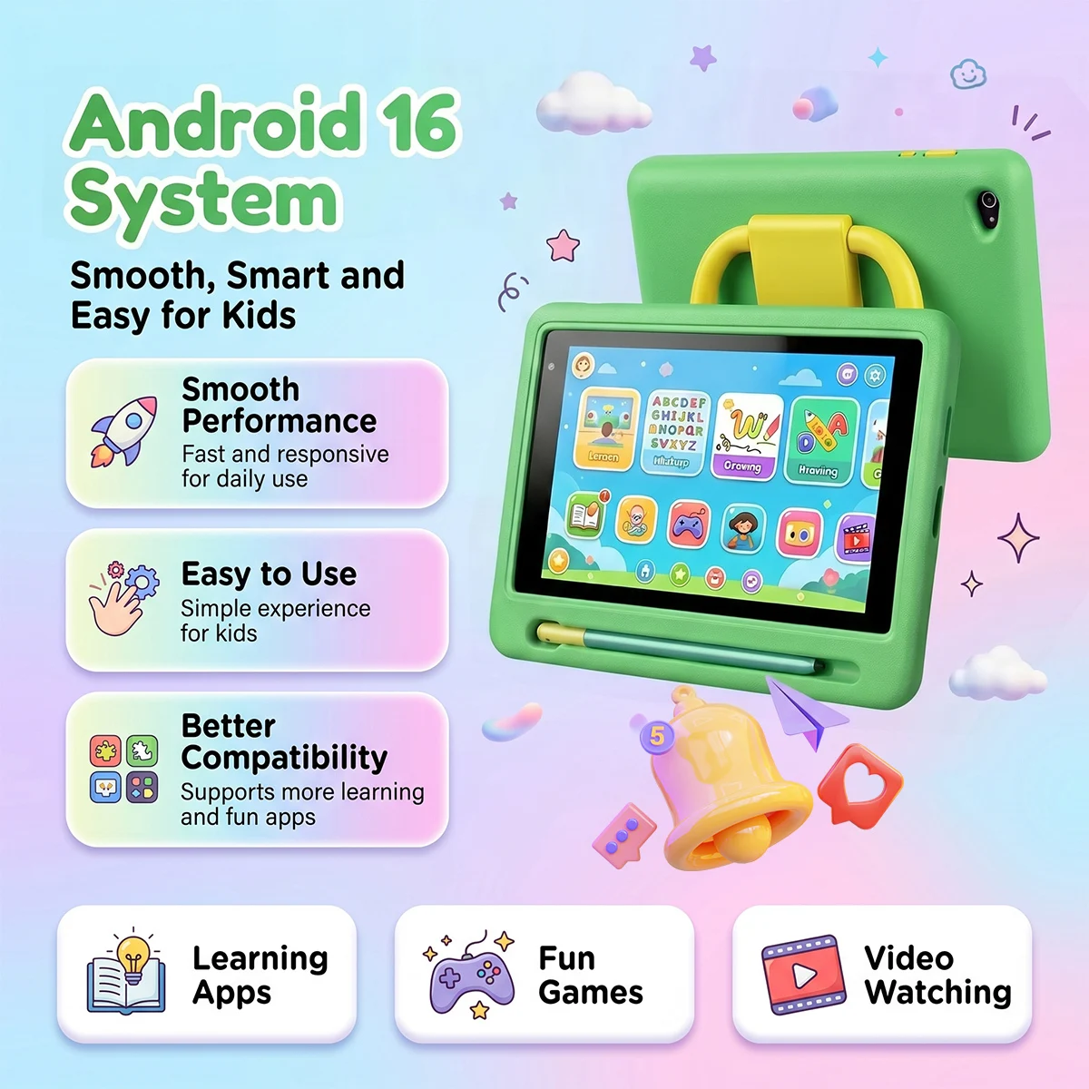 7" Kids Tablet PC Android16 24(3+21)GB Expanded RAM 128GB Storage Five‑Core Processor Shock‑Proof Protective Case Stylus Pen - Image 3