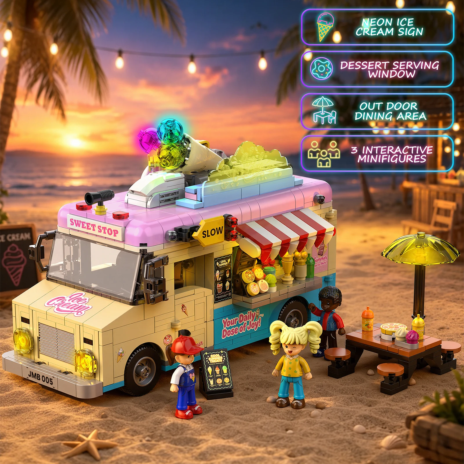 1207PCS LED Ice Cream Truck Building Blocks Set Type-C Rechargeable k - Image 4