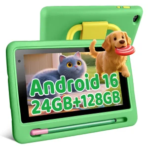 7" Kids Tablet PC Android16 24(3+21)GB Expanded RAM 128GB Storage Five‑Core Processor Shock‑Proof Protective Case Stylus Pen