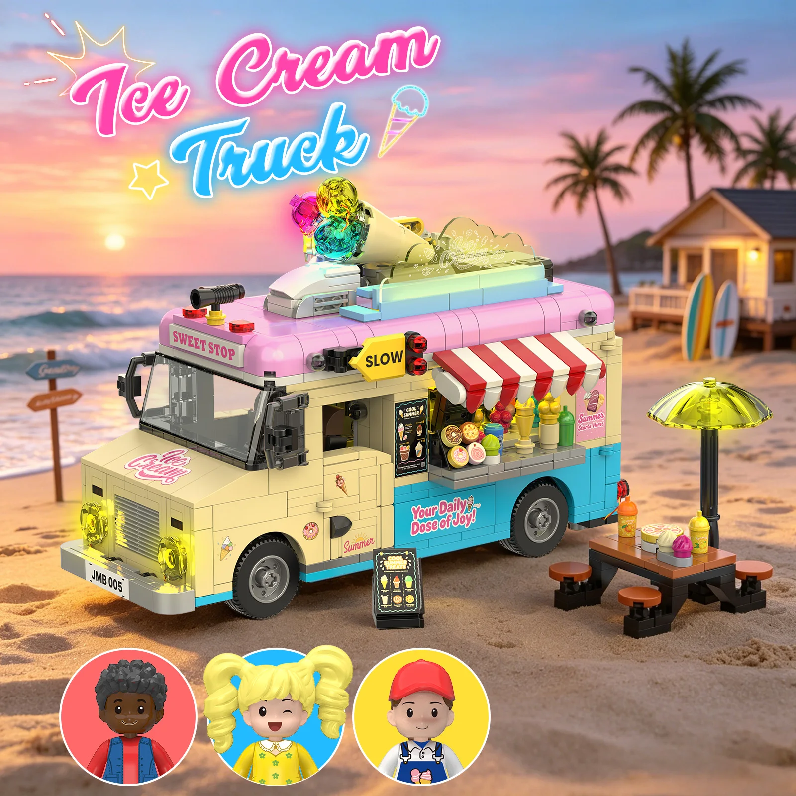 1207PCS LED Ice Cream Truck Building Blocks Set Type-C Rechargeable k - Image 1