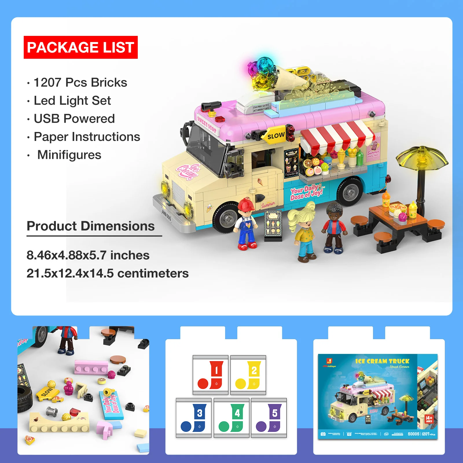 1207PCS LED Ice Cream Truck Building Blocks Set Type-C Rechargeable k - Image 8