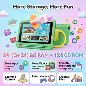 7" Kids Tablet PC Android16 24(3+21)GB Expanded RAM 128GB Storage Five‑Core Processor Shock‑Proof Protective Case Stylus Pen - Thumbnail Image 4