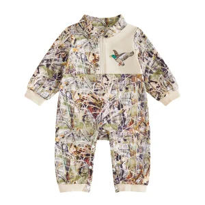 Baby Boy Long Baby Romper-Duck-Reindeer Neck Pattern Zip Zip Up - Thumbnail Image 7