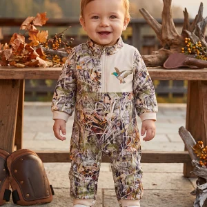 Baby Boy Long Baby Romper-Duck-Reindeer Neck Pattern Zip Zip Up - Thumbnail Image 4