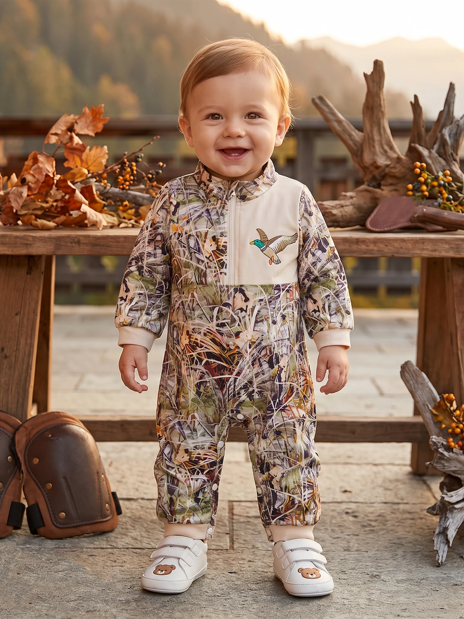 Baby Boy Long Baby Romper-Duck-Reindeer Neck Pattern Zip Zip Up - Image 4