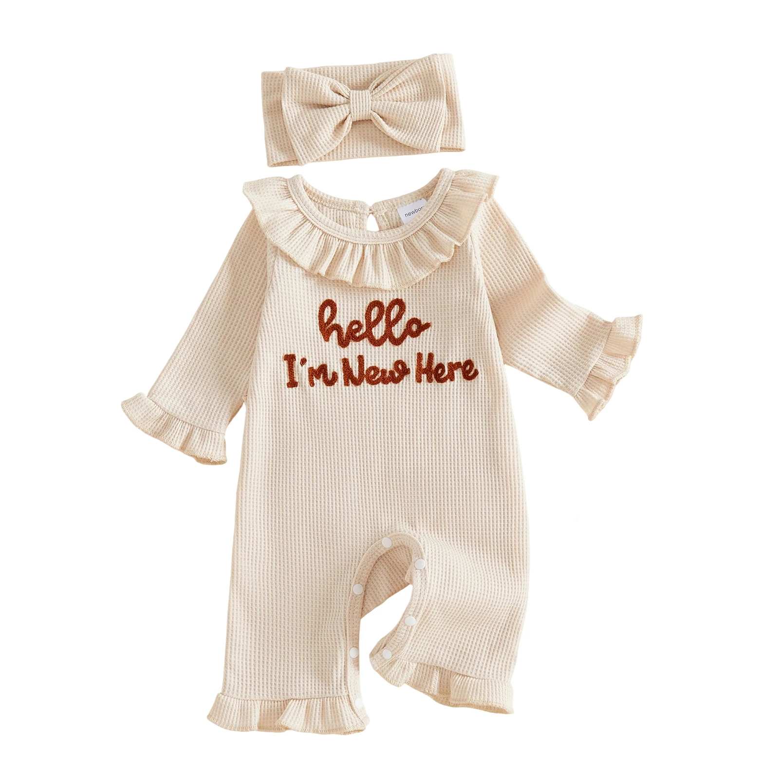 Waffle Knit Long Girl Outfit Waffle Bow Headband Pcs Infant Infant Girl Romper - Image 8