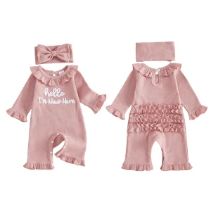 Waffle Knit Long Girl Outfit Waffle Bow Headband Pcs Infant Infant Girl Romper - Thumbnail Image 1