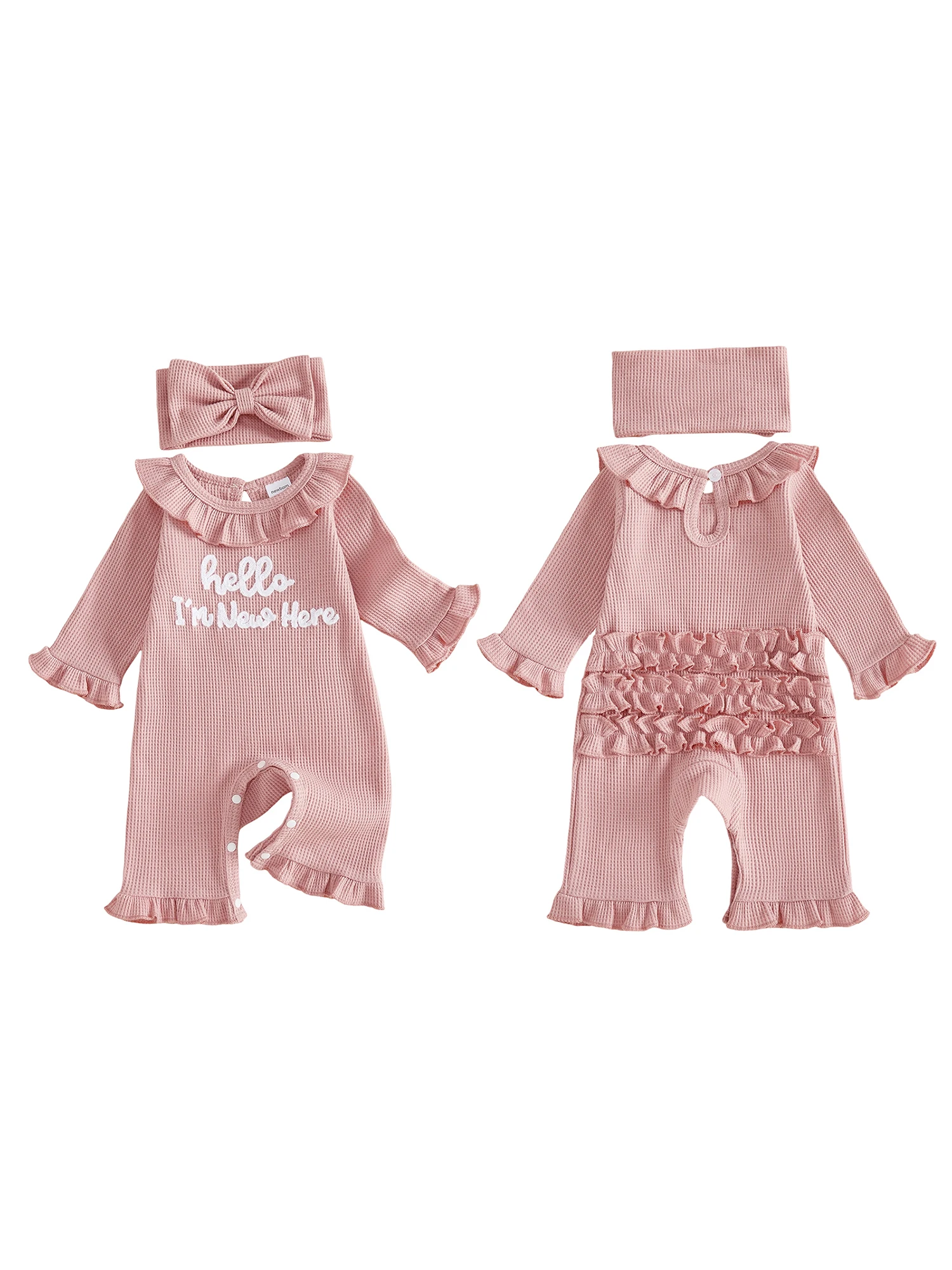 Waffle Knit Long Girl Outfit Waffle Bow Headband Pcs Infant Infant Girl Romper - Image 1