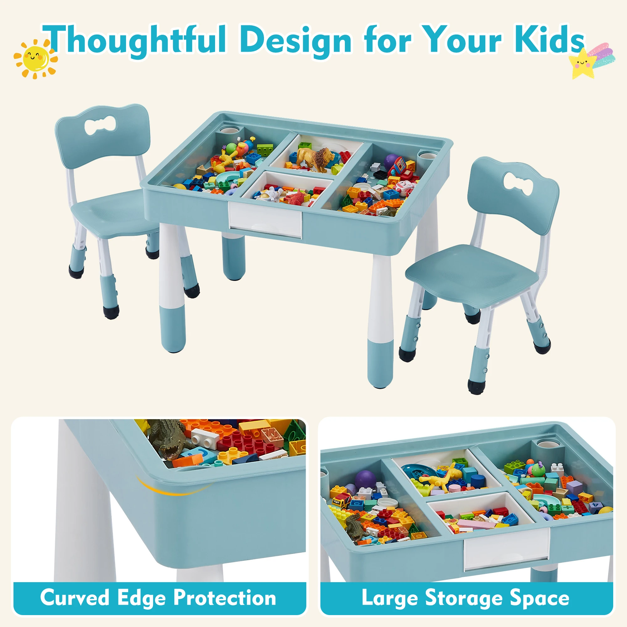 Kids 4 in 1 Table And 2 Chairs Set with Storage - Image 5