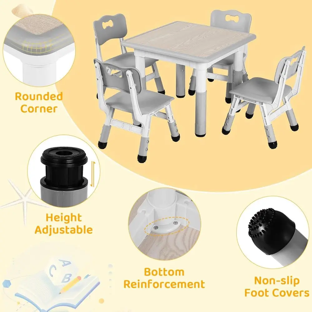 Kids Table and 4 Chairs Set, Anti-Slip Toddler Activity Desk | Height Adjustable (18.9–23.6), Wipe-Clean Desktop, Ding, Classroo - Image 6