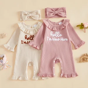 Waffle Knit Long Girl Outfit Waffle Bow Headband Pcs Infant Infant Girl Romper - Thumbnail Image 3