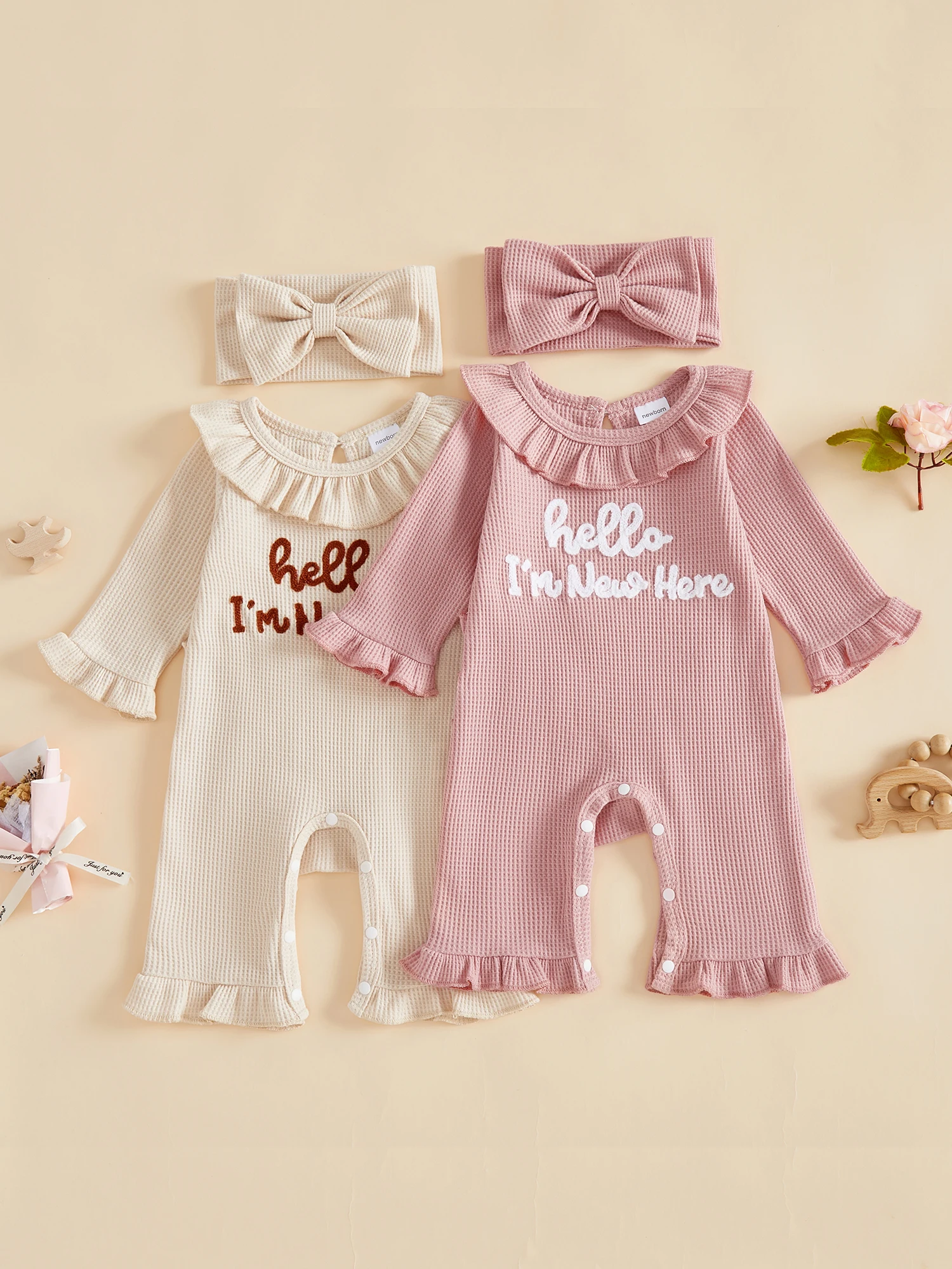 Waffle Knit Long Girl Outfit Waffle Bow Headband Pcs Infant Infant Girl Romper - Image 3