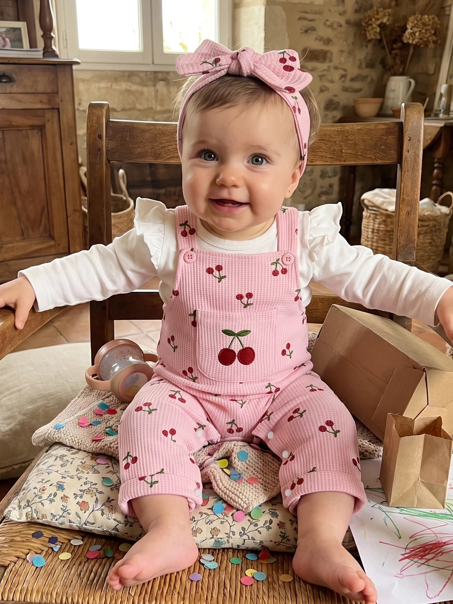 Cherry Print Overalls Long-Sleeve-Romper - Image 1
