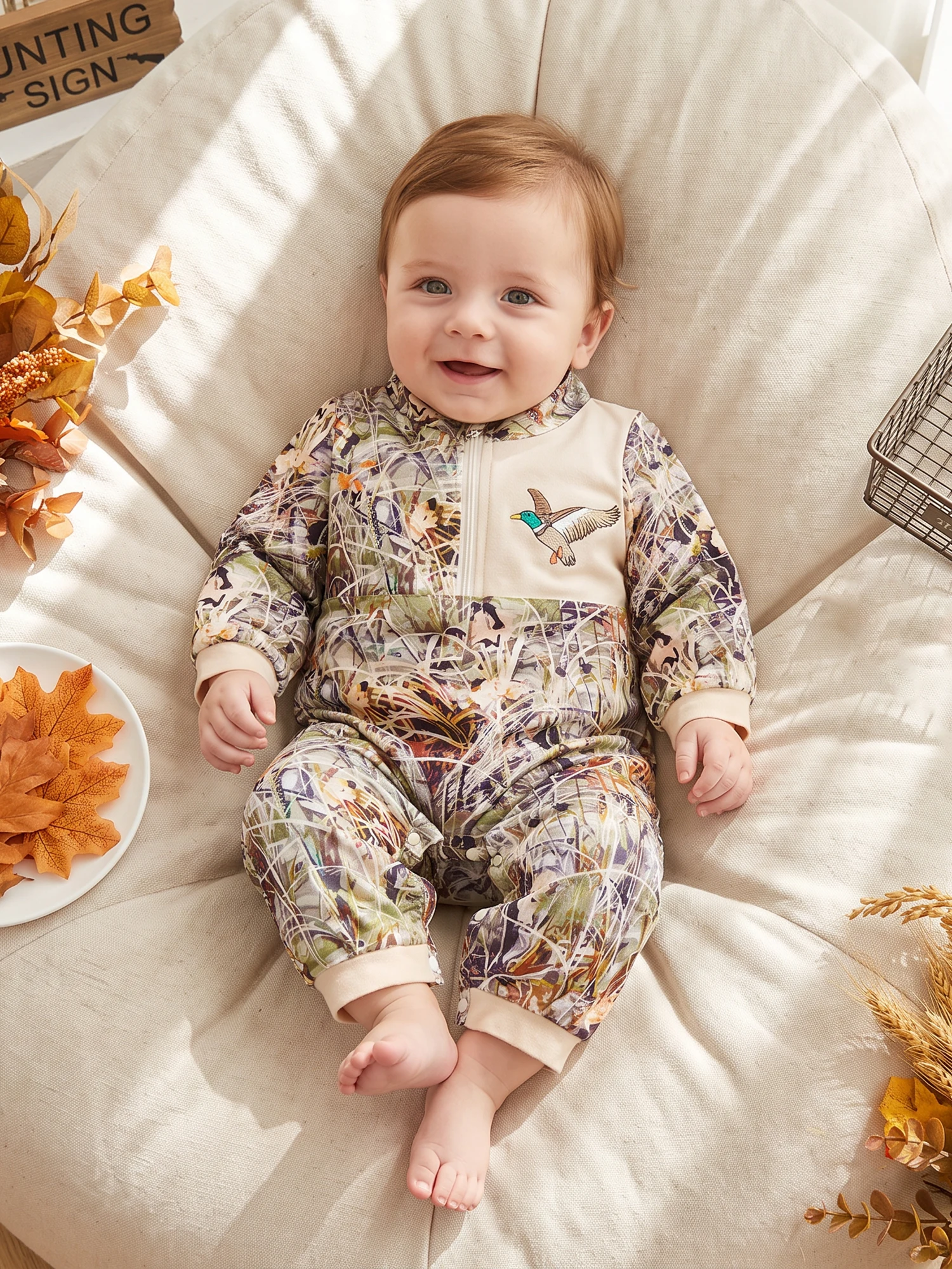 Baby Boy Long Baby Romper-Duck-Reindeer Neck Pattern Zip Zip Up - Image 1
