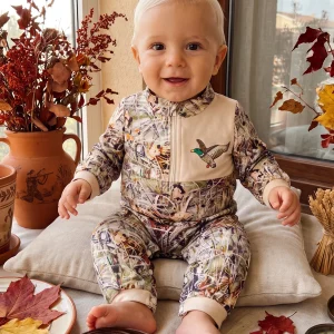 Baby Boy Long Baby Romper-Duck-Reindeer Neck Pattern Zip Zip Up - Thumbnail Image 3