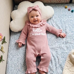 Waffle Knit Long Girl Outfit Waffle Bow Headband Pcs Infant Infant Girl Romper - Thumbnail Image 2