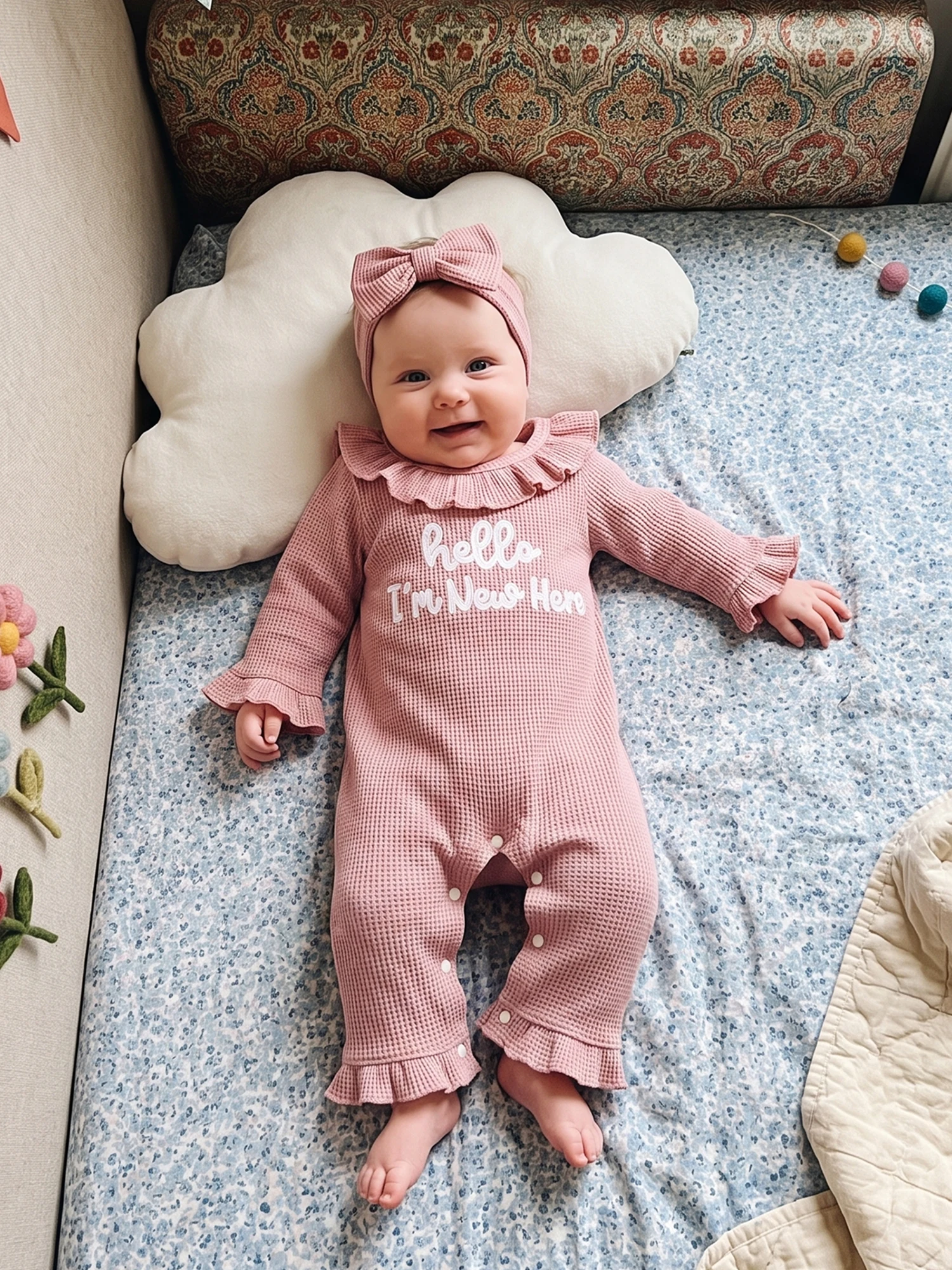Waffle Knit Long Girl Outfit Waffle Bow Headband Pcs Infant Infant Girl Romper - Image 2