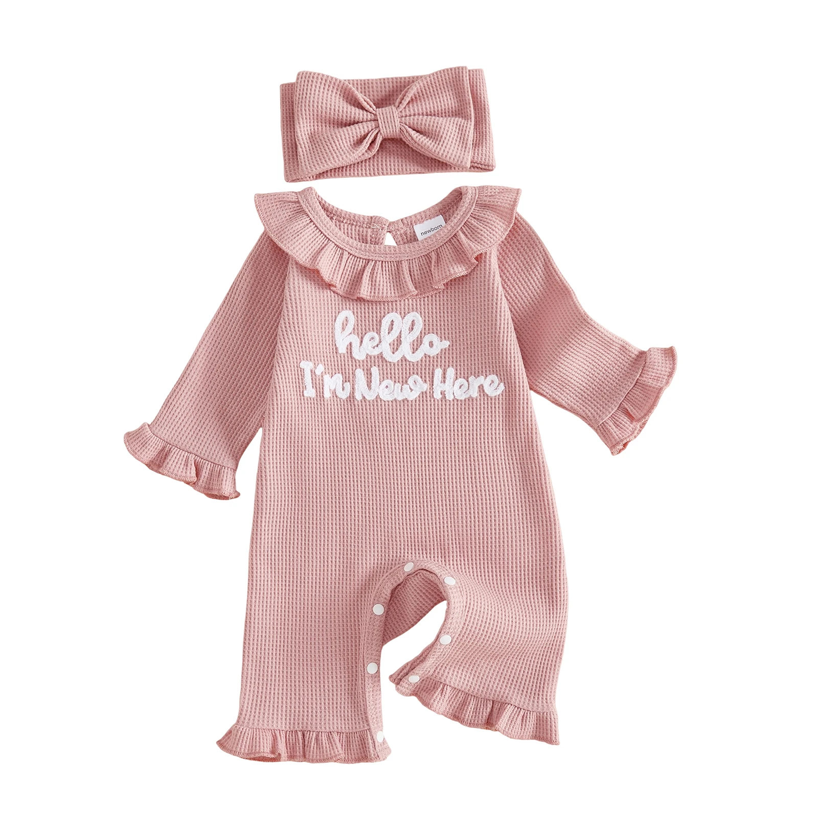 Waffle Knit Long Girl Outfit Waffle Bow Headband Pcs Infant Infant Girl Romper - Image 7