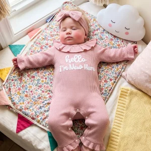 Waffle Knit Long Girl Outfit Waffle Bow Headband Pcs Infant Infant Girl Romper - Thumbnail Image 5