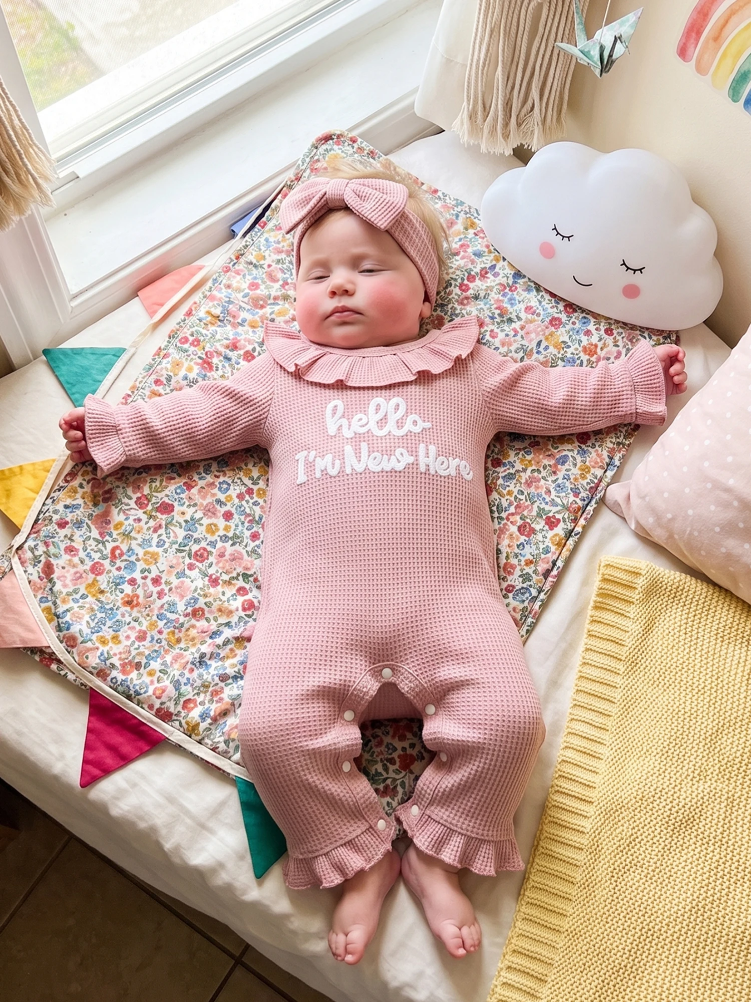 Waffle Knit Long Girl Outfit Waffle Bow Headband Pcs Infant Infant Girl Romper - Image 5