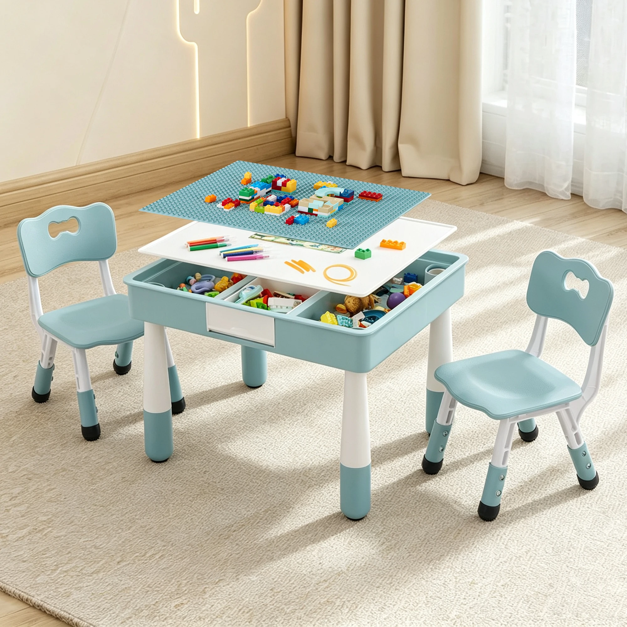 Kids 4 in 1 Table And 2 Chairs Set with Storage - Image 1