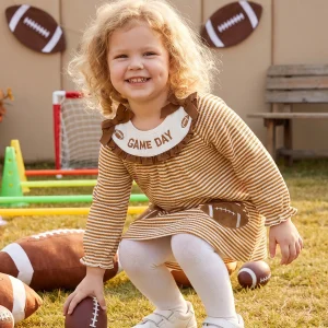 Neck Long Dress Long Dress Letter Toddler-Girl-Fall Girl Rugby Embroidery - Thumbnail Image 7
