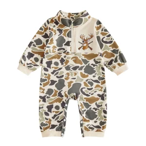 Baby Boy Long Baby Romper-Duck-Reindeer Neck Pattern Zip Zip Up - Thumbnail Image 6