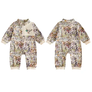 Baby Boy Long Baby Romper-Duck-Reindeer Neck Pattern Zip Zip Up - Thumbnail Image 2