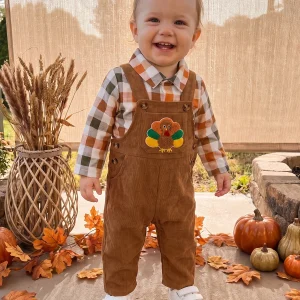 Thanksgiving Oufits Sleeve Sleeve Plaid Romper Thanksgiving Oufit - Thumbnail Image 5