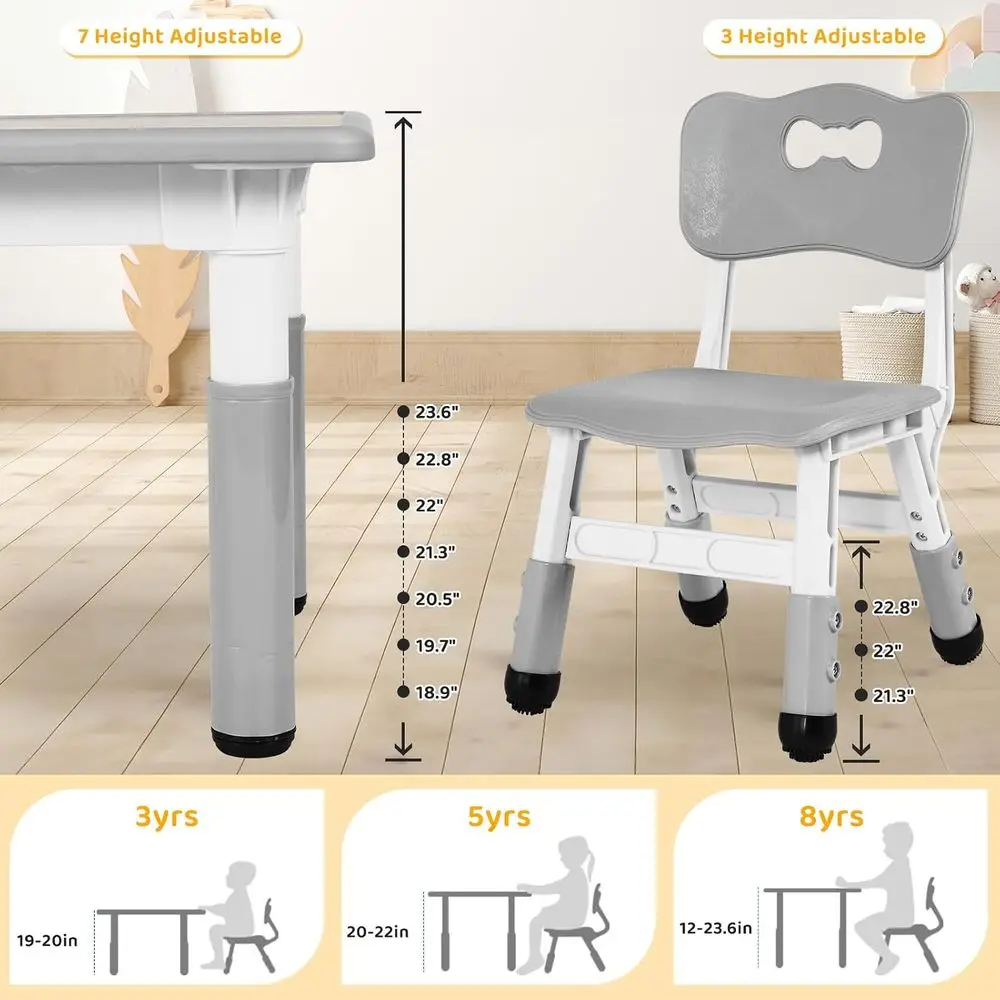 Kids Table and 4 Chairs Set, Anti-Slip Toddler Activity Desk | Height Adjustable (18.9–23.6), Wipe-Clean Desktop, Ding, Classroo - Image 3
