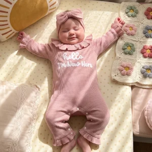 Waffle Knit Long Girl Outfit Waffle Bow Headband Pcs Infant Infant Girl Romper - Thumbnail Image 4