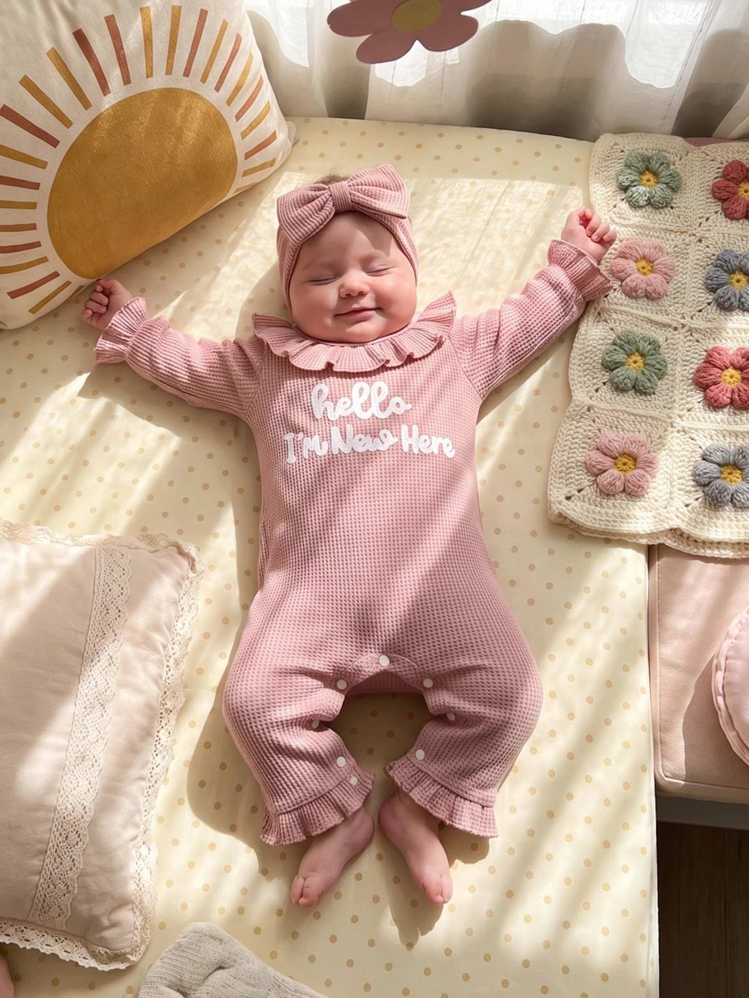 Waffle Knit Long Girl Outfit Waffle Bow Headband Pcs Infant Infant Girl Romper - Image 4