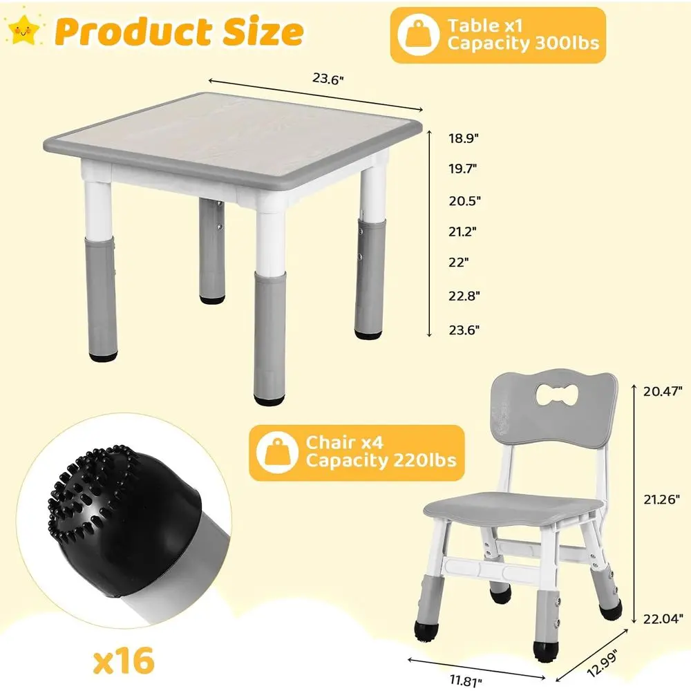 Kids Table and 4 Chairs Set, Anti-Slip Toddler Activity Desk | Height Adjustable (18.9–23.6), Wipe-Clean Desktop, Ding, Classroo - Image 2