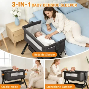 3 in 1 Baby Bassinet Bedside Sleeper, Easy to Assemble & Foldable Portable Baby Cradle for Newborns - Thumbnail Image 2