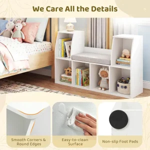 Costzon Kids Bookshelf with Reading Nook, 6 Cubby Bookcase with Soft Seat Cushion, - Thumbnail Image 6