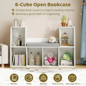 Costzon Kids Bookshelf with Reading Nook, 6 Cubby Bookcase with Soft Seat Cushion, - Thumbnail Image 4