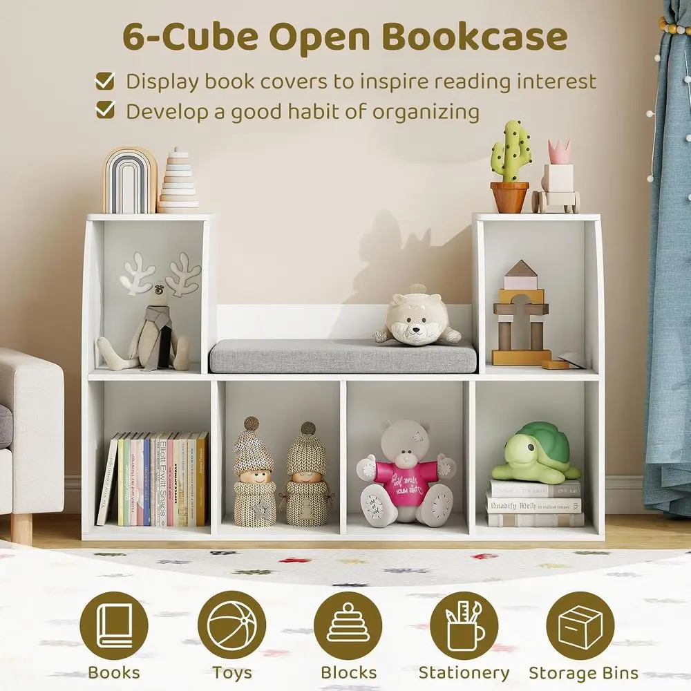 Costzon Kids Bookshelf with Reading Nook, 6 Cubby Bookcase with Soft Seat Cushion, - Image 4