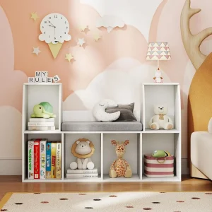 Costzon Kids Bookshelf with Reading Nook, 6 Cubby Bookcase with Soft Seat Cushion, - Thumbnail Image 7