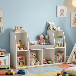 Costzon Kids Bookshelf with Reading Nook, 6 Cubby Bookcase with Soft Seat Cushion, - Thumbnail Image 3