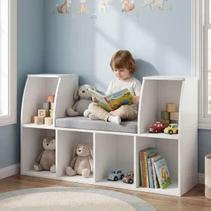 Costzon Kids Bookshelf with Reading Nook, 6 Cubby Bookcase with Soft Seat Cushion,
