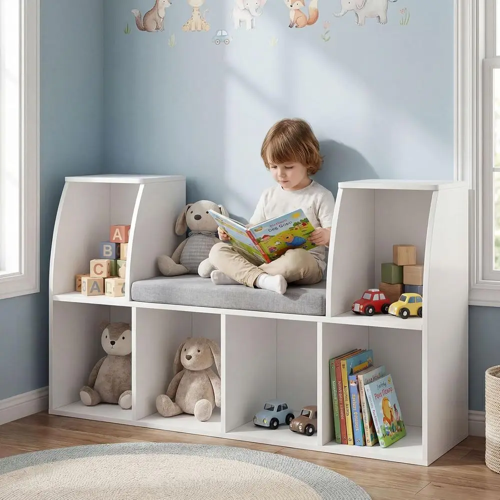 Costzon Kids Bookshelf with Reading Nook, 6 Cubby Bookcase with Soft Seat Cushion, - Image 1